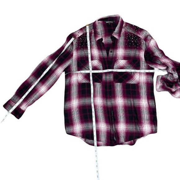 Express Women Button Plaid Shirt Roll Tab Sleeve Pocket Embellished Size Medium - Picture 4 of 6